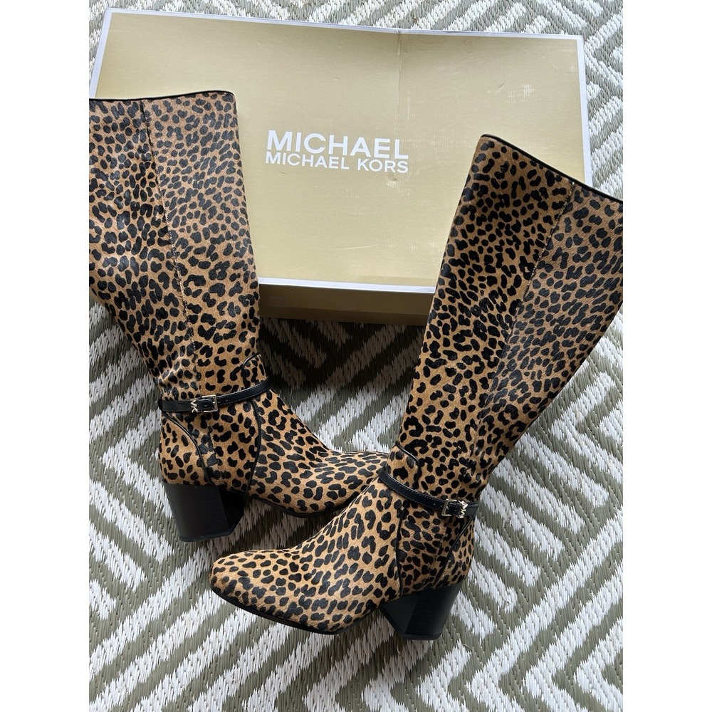$395 NEW MICHAEL KORS 6 Ella Leopard Print Calf Hair Tall Boots REAL COW FUR - Picture 2 of 10